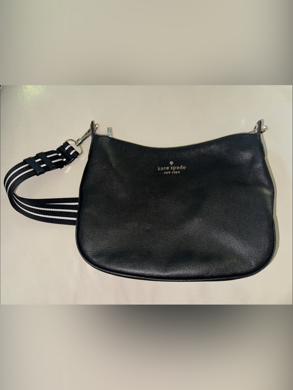 kate spade Black Pebbled Leather Messenger with Striped Strap